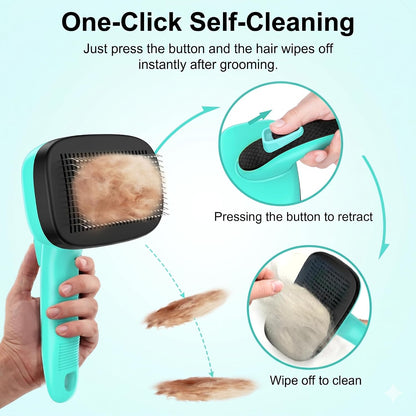Self Cleaning Slicker Brush for Dog and Cat Deshedding, Green | Shedding Brush for Dogs & Cats, One-Click Retractable Bristles for Easy Cleaning Flying Hair at Home