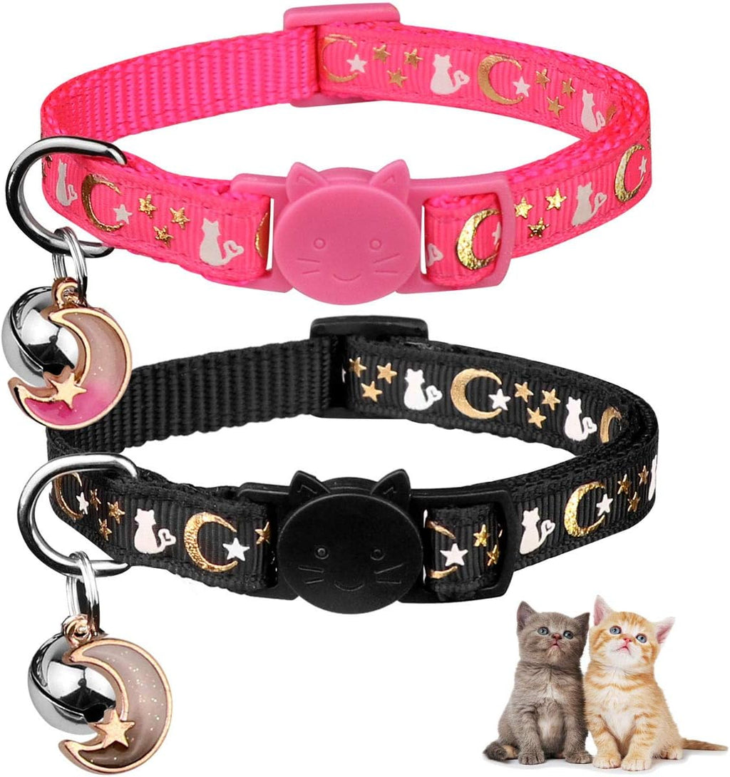 2PCS Breakaway Cat Collars with Bell Moons Stars Cute Kitty Adjustable Safe Kitten Collars with Pendant Glow in the Dark(Purple&Pink)