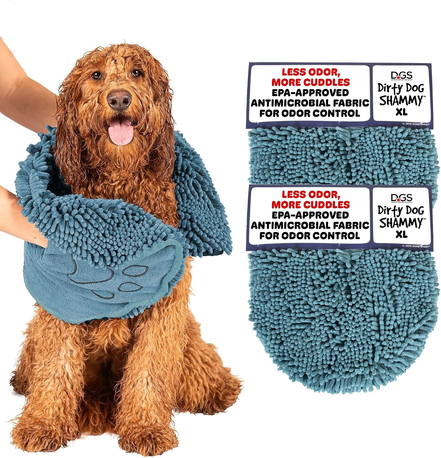 Dog Gone Smart the Dirty Dog Shammy - Antimicrobial Microfiber Dog Towel for Odor Control, Fast-Drying Plush, Dual Hand Pockets & Elastic, Super Absorbent, Machine Washable, 31 X 13 In, Grey