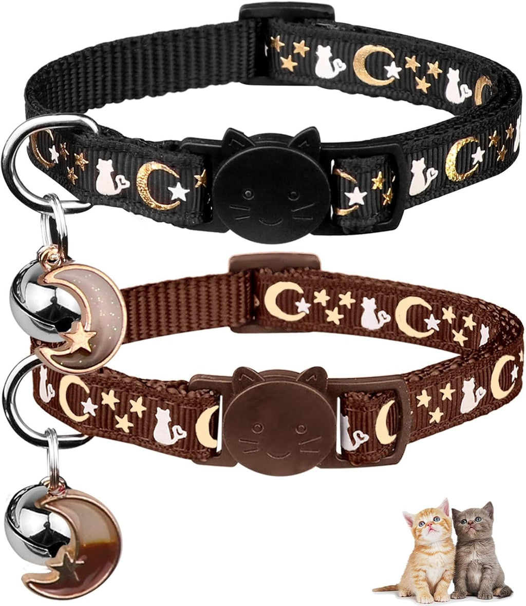 2PCS Breakaway Cat Collars with Bell Moons Stars Cute Kitty Adjustable Safe Kitten Collars with Pendant Glow in the Dark(Purple&Pink)