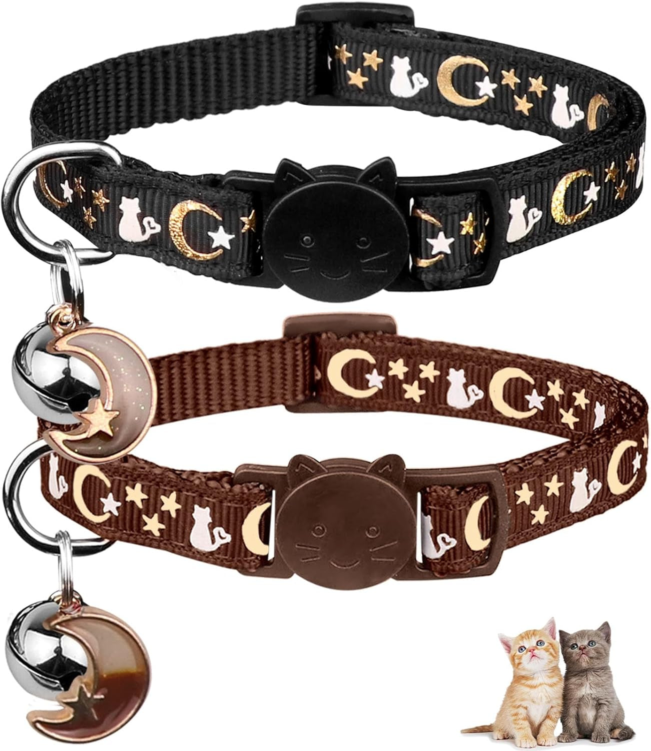 2PCS Breakaway Cat Collars with Bell Moons Stars Cute Kitty Adjustable Safe Kitten Collars with Pendant Glow in the Dark(Purple&Pink)