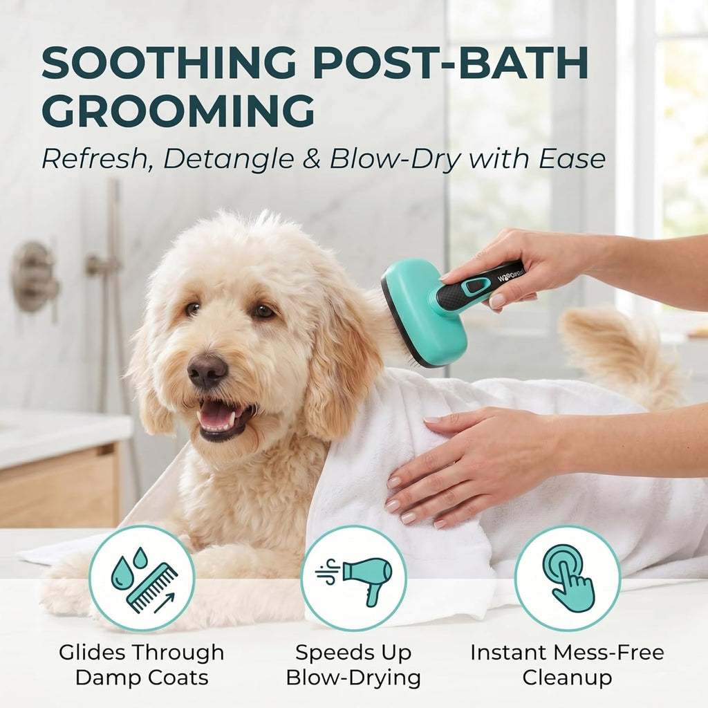Self Cleaning Slicker Brush for Dog and Cat Deshedding, Green | Shedding Brush for Dogs & Cats, One-Click Retractable Bristles for Easy Cleaning Flying Hair at Home