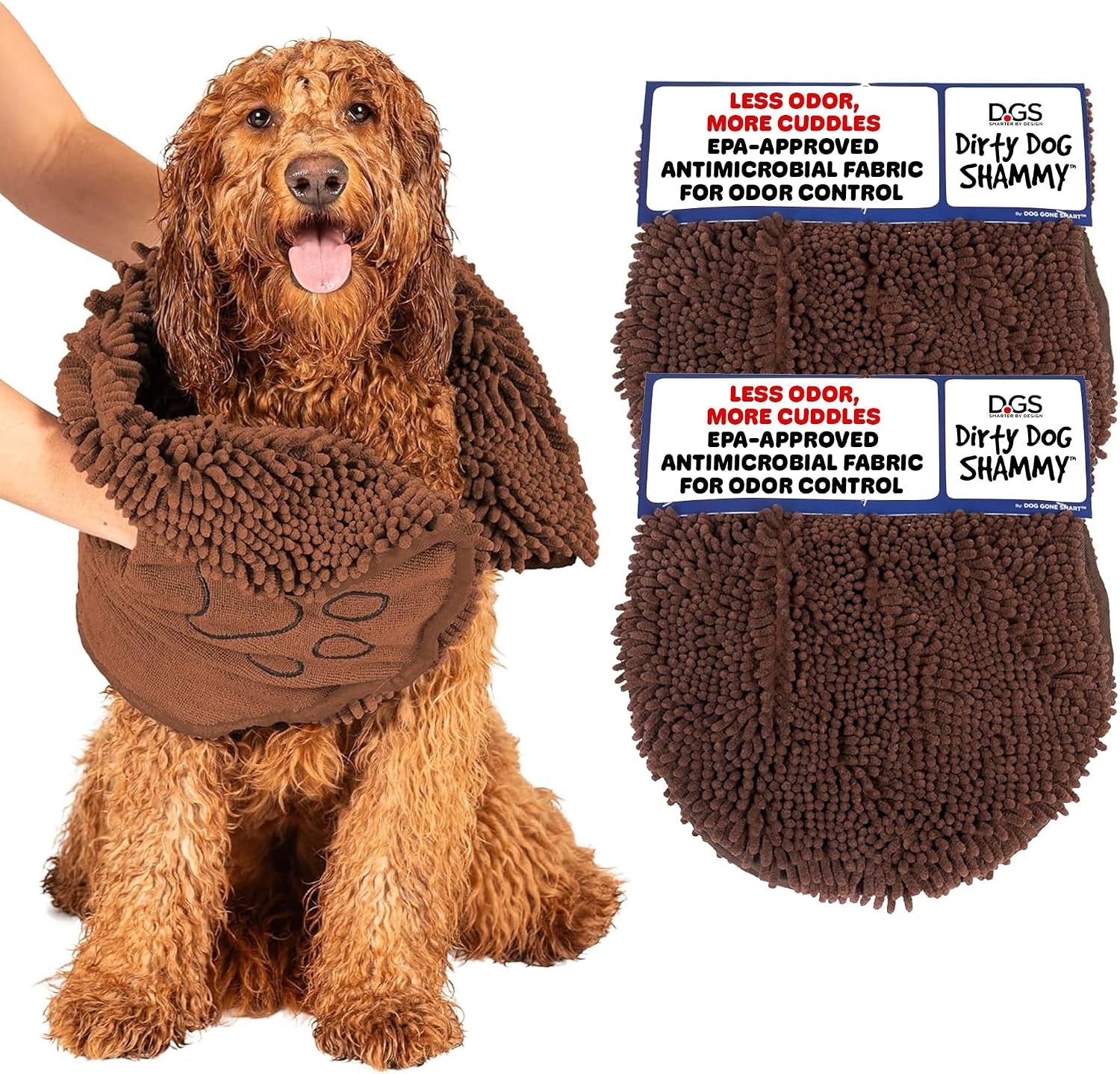 Dog Gone Smart the Dirty Dog Shammy - Antimicrobial Microfiber Dog Towel for Odor Control, Fast-Drying Plush, Dual Hand Pockets & Elastic, Super Absorbent, Machine Washable, 31 X 13 In, Grey