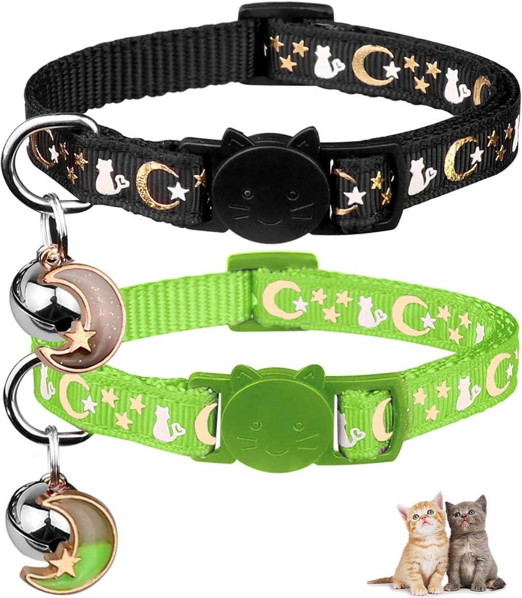 2PCS Breakaway Cat Collars with Bell Moons Stars Cute Kitty Adjustable Safe Kitten Collars with Pendant Glow in the Dark(Purple&Pink)