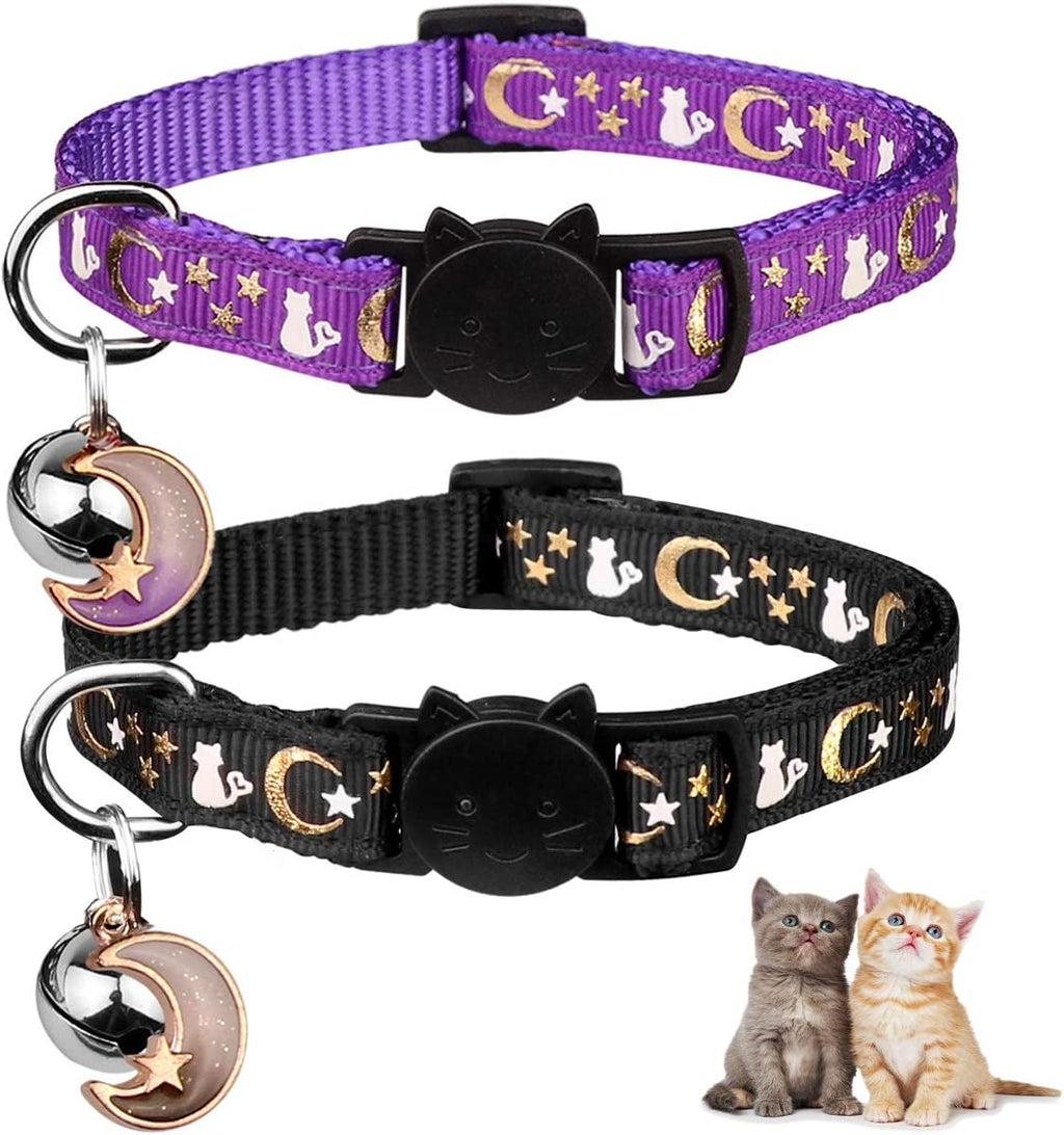 2PCS Breakaway Cat Collars with Bell Moons Stars Cute Kitty Adjustable Safe Kitten Collars with Pendant Glow in the Dark(Purple&Pink)