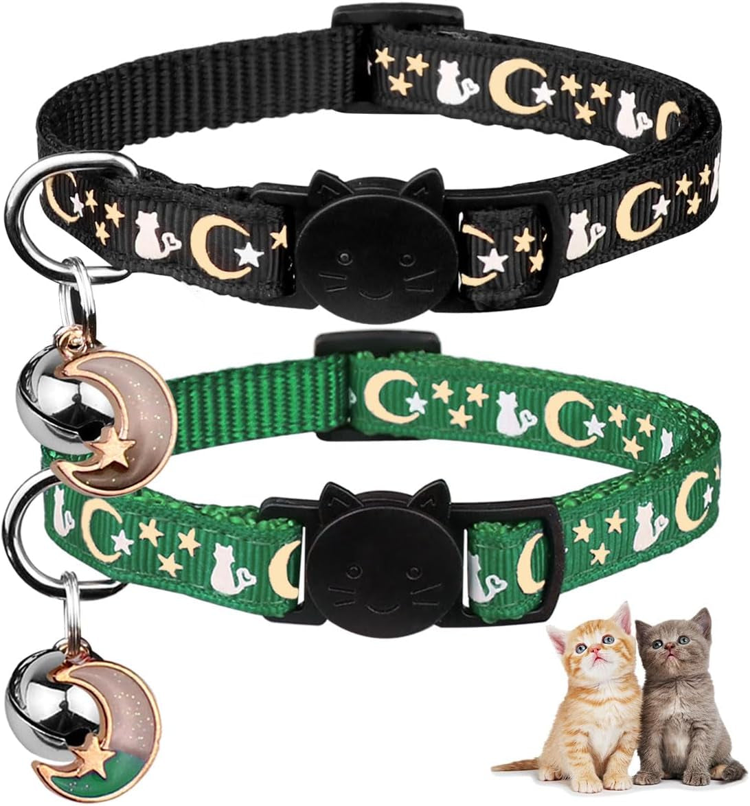 2PCS Breakaway Cat Collars with Bell Moons Stars Cute Kitty Adjustable Safe Kitten Collars with Pendant Glow in the Dark(Purple&Pink)