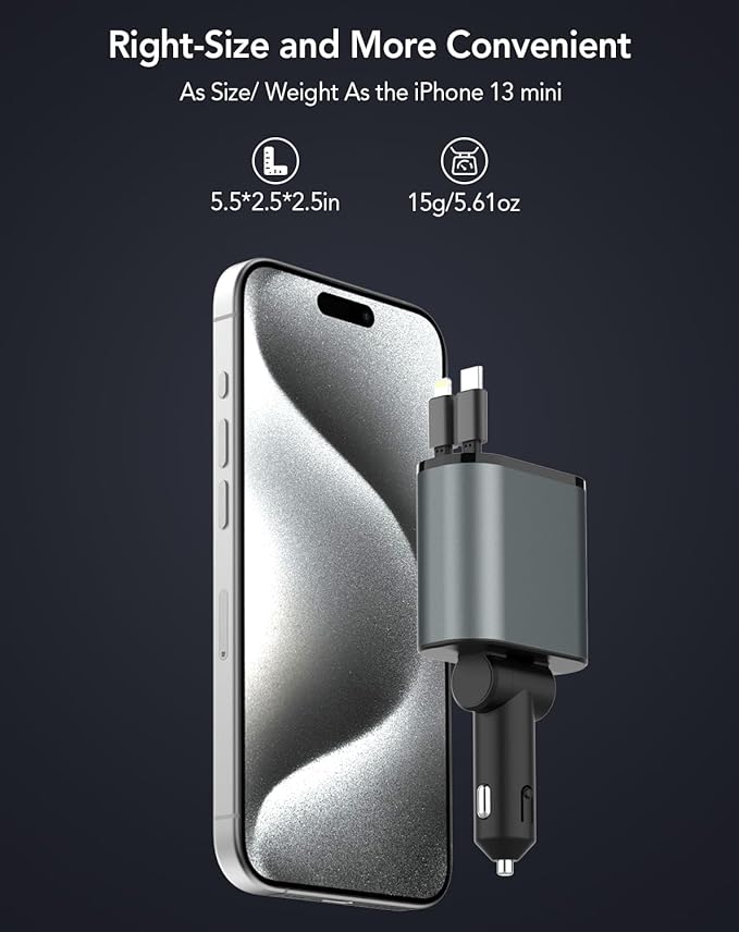 4-in-1 Retractable Car Charger — 66W Fast Charge, Built-In USB-C & Lightning Cables
