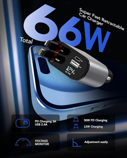 4-in-1 Retractable Car Charger — 66W Fast Charge, Built-In USB-C & Lightning Cables
