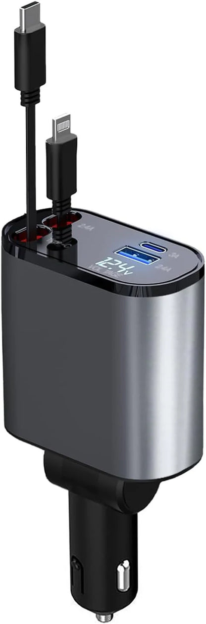 4-in-1 Retractable Car Charger — 66W Fast Charge, Built-In USB-C & Lightning Cables