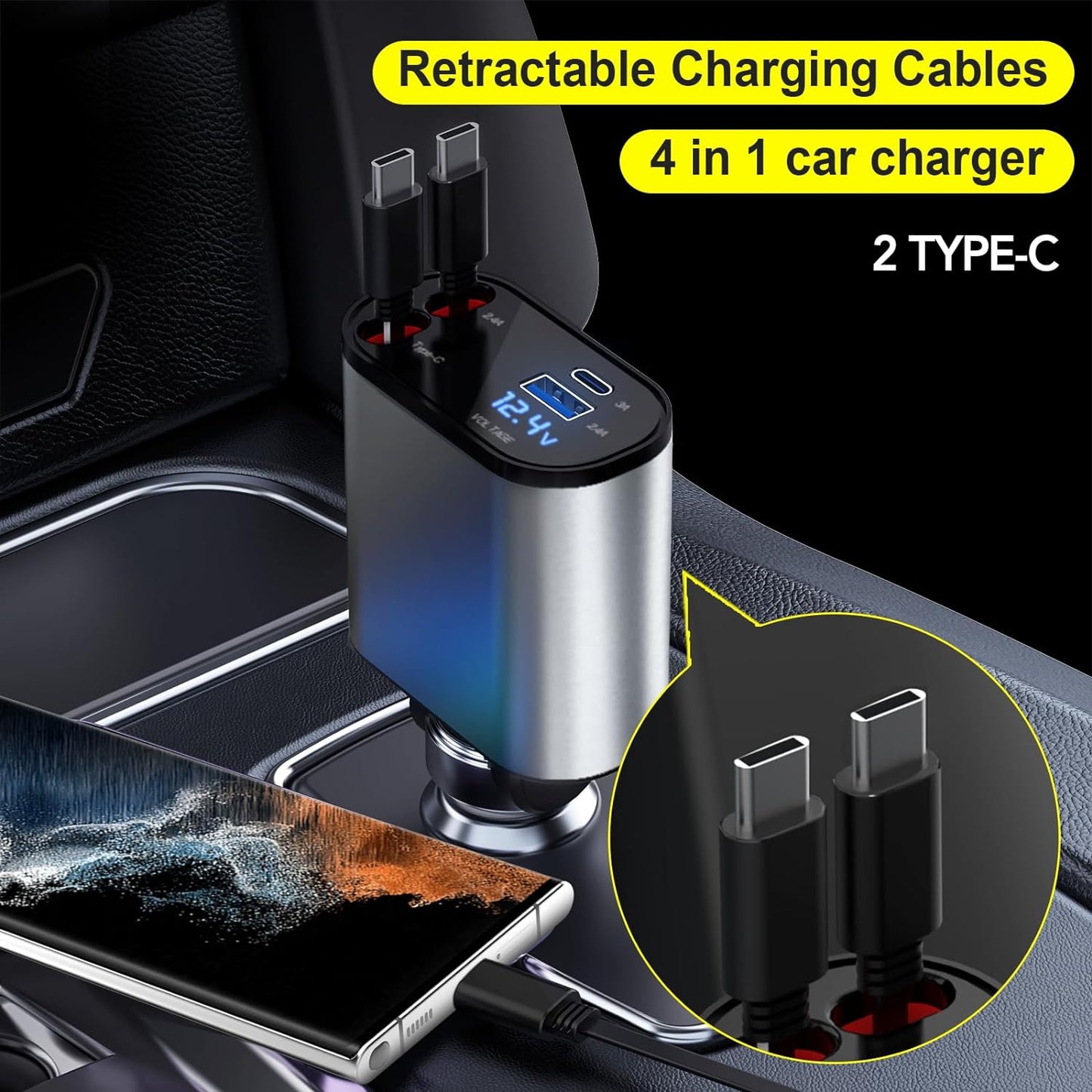 4-in-1 Retractable Car Charger — 66W Fast Charge, Built-In USB-C & Lightning Cables