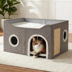 Eolahalcy Cat Beds for Indoor Cats - Large Cat Cave for Pet Cat House with Fluffy Ball Hanging and Scratch Pad, Foldable Cat Houses for Large Indoor Cats,Cat Hideaway, 23.8X15.9X13.2 Inches, Grey