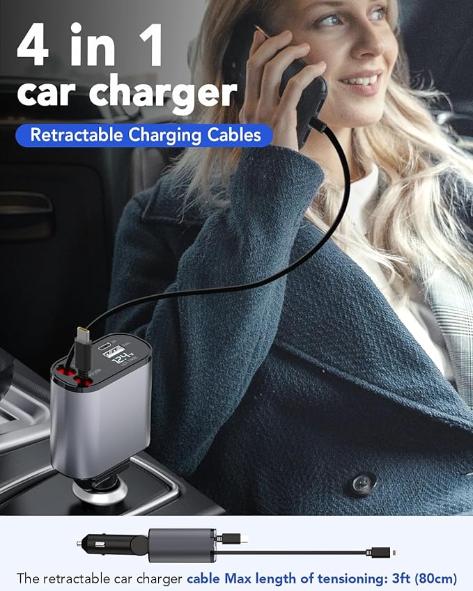 4-in-1 Retractable Car Charger — 66W Fast Charge, Built-In USB-C & Lightning Cables