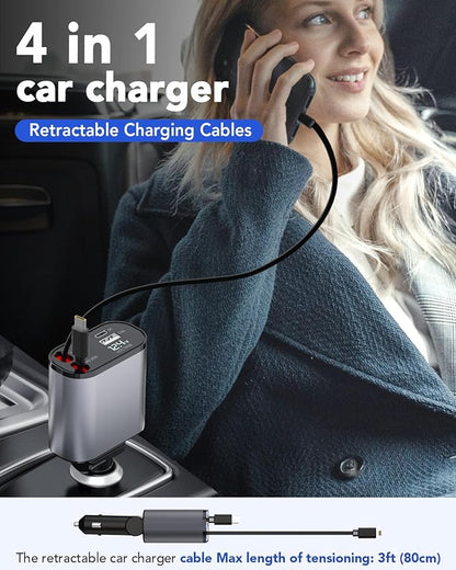 4-in-1 Retractable Car Charger — 66W Fast Charge, Built-In USB-C & Lightning Cables