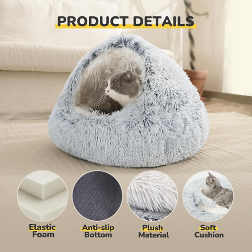 Cat Bed, Plush Hooded Cat Beds for Indoor Cats | Warm Soft Plush Comfortable Removable Washable Non-Slip Bottom