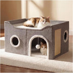 Eolahalcy Cat Beds for Indoor Cats - Large Cat Cave for Pet Cat House with Fluffy Ball Hanging and Scratch Pad, Foldable Cat Houses for Large Indoor Cats,Cat Hideaway, 23.8X15.9X13.2 Inches, Grey