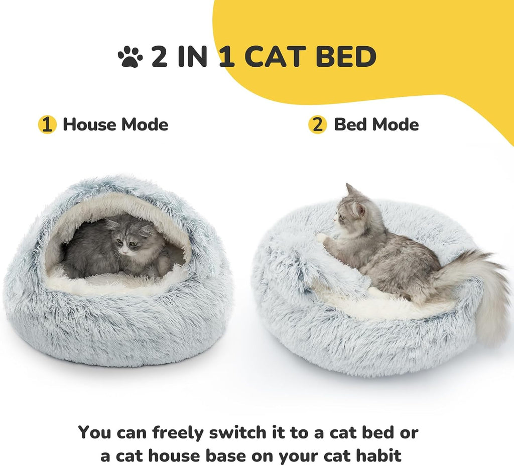 Cat Bed, Plush Hooded Cat Beds for Indoor Cats | Warm Soft Plush Comfortable Removable Washable Non-Slip Bottom