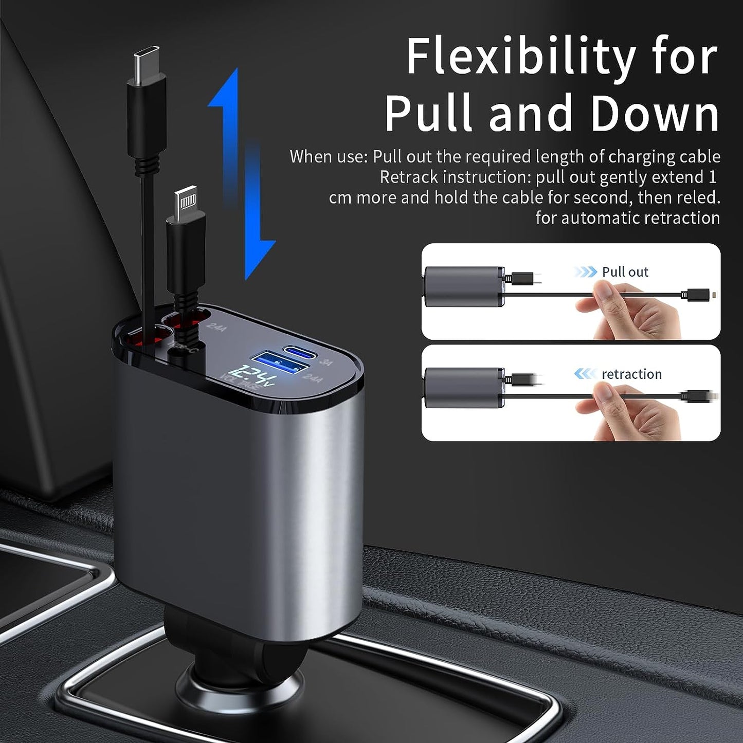 4-in-1 Retractable Car Charger — 66W Fast Charge, Built-In USB-C & Lightning Cables