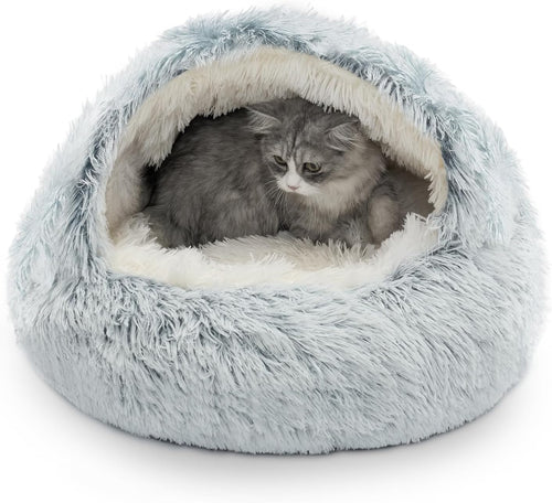 Cat Bed, Plush Hooded Cat Beds for Indoor Cats | Warm Soft Plush Comfortable Removable Washable Non-Slip Bottom