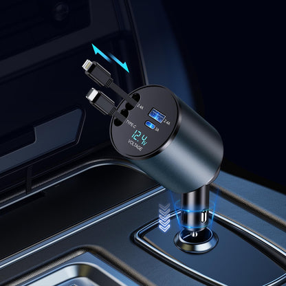 4-in-1 Retractable Car Charger — 66W Fast Charge, Built-In USB-C & Lightning Cables