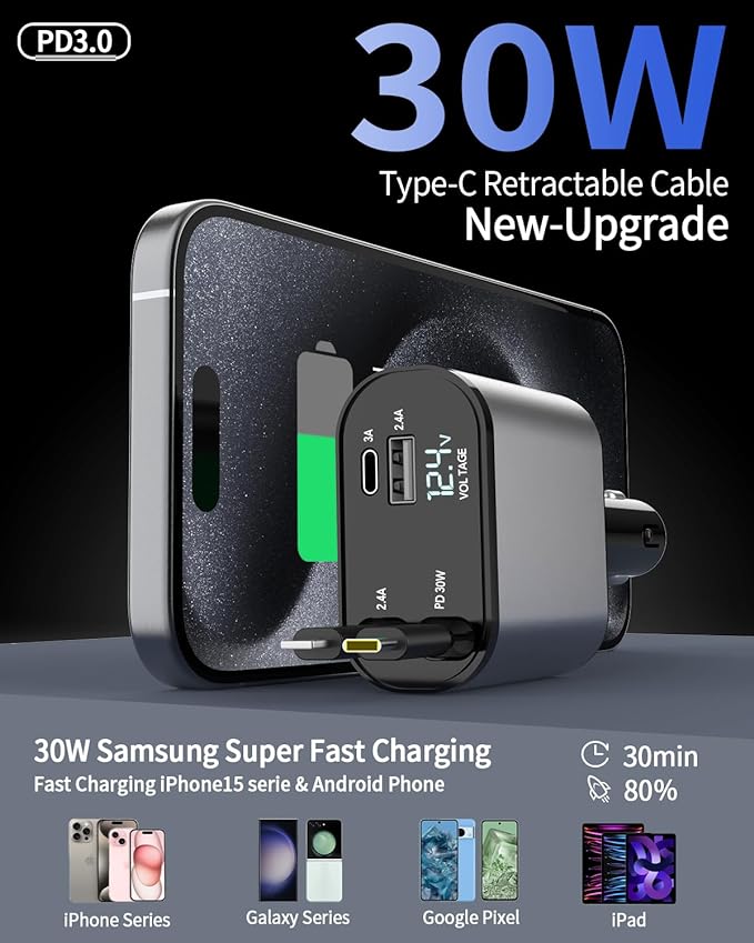 4-in-1 Retractable Car Charger — 66W Fast Charge, Built-In USB-C & Lightning Cables
