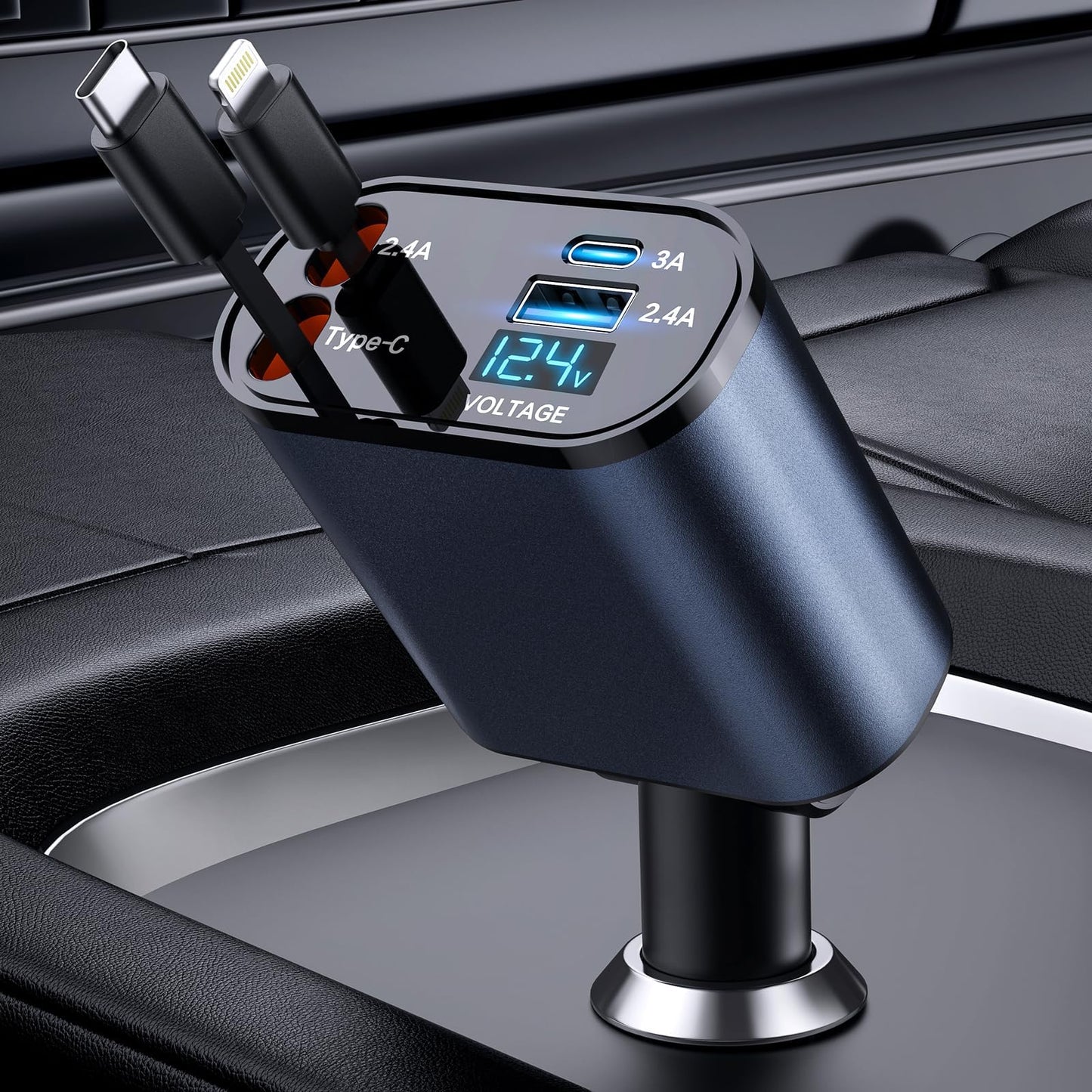 4-in-1 Retractable Car Charger — 66W Fast Charge, Built-In USB-C & Lightning Cables