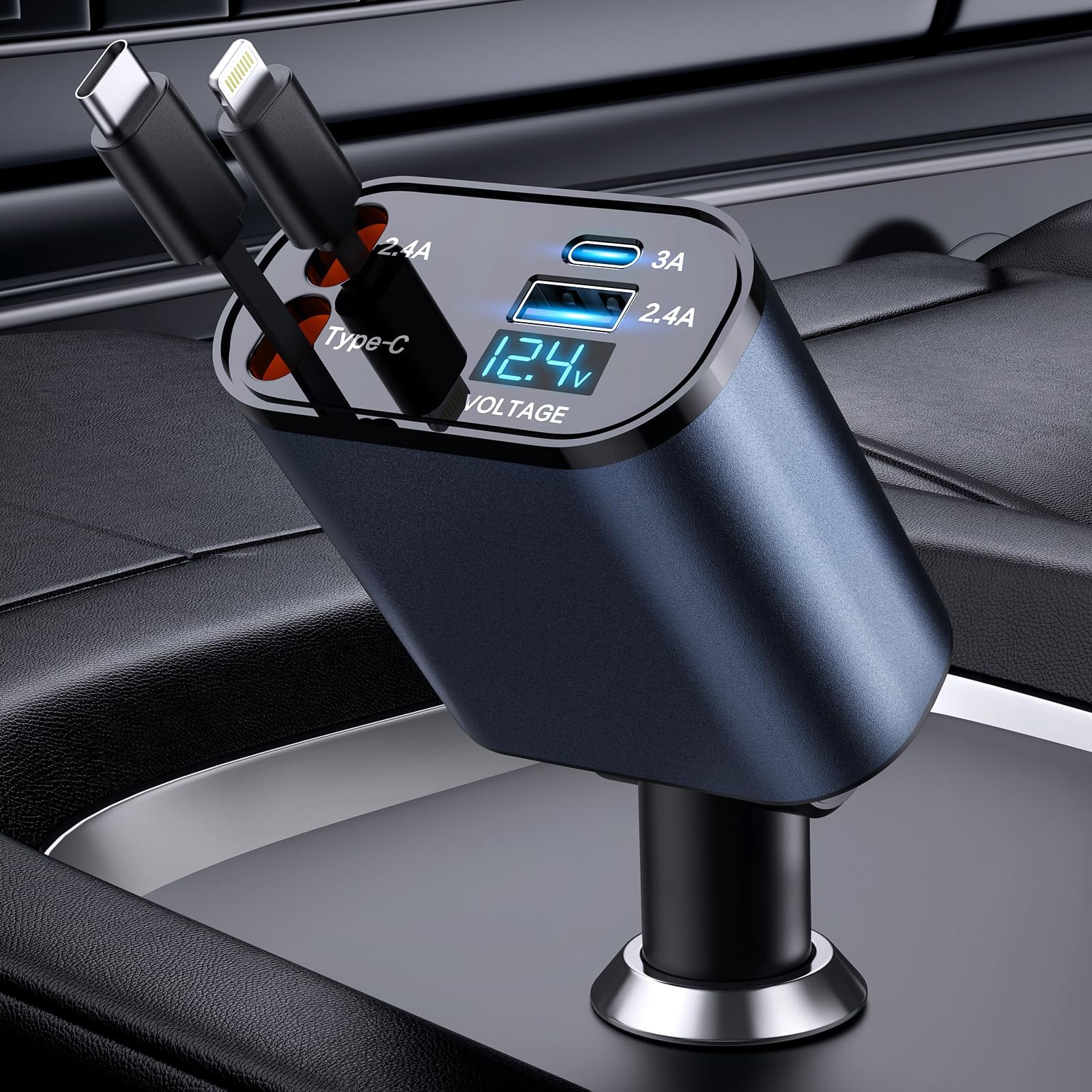 4-in-1 Retractable Car Charger — 66W Fast Charge, Built-In USB-C & Lightning Cables