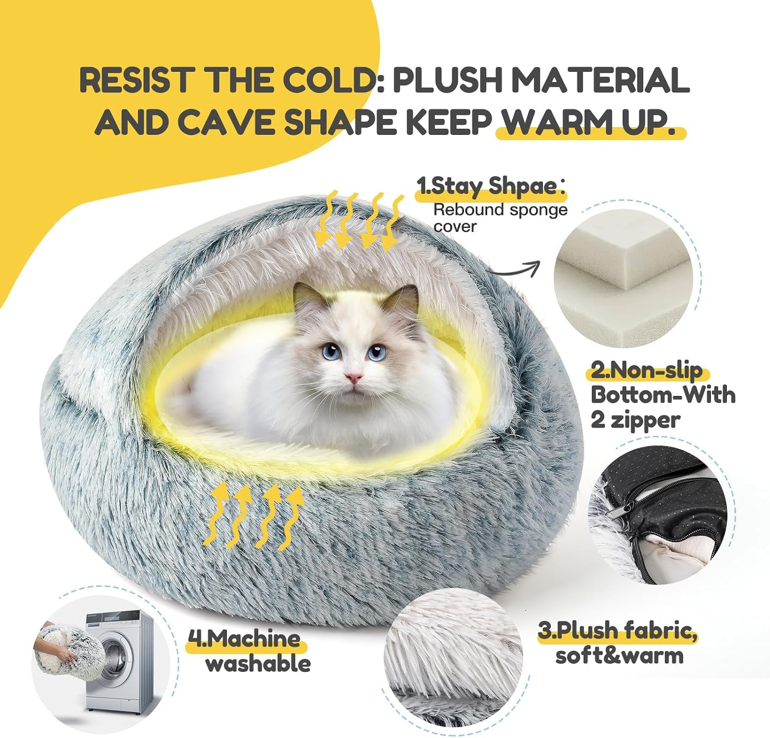 Cat Bed, Plush Hooded Cat Beds for Indoor Cats | Warm Soft Plush Comfortable Removable Washable Non-Slip Bottom