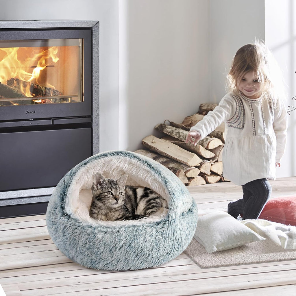 Cat Bed, Plush Hooded Cat Beds for Indoor Cats | Warm Soft Plush Comfortable Removable Washable Non-Slip Bottom