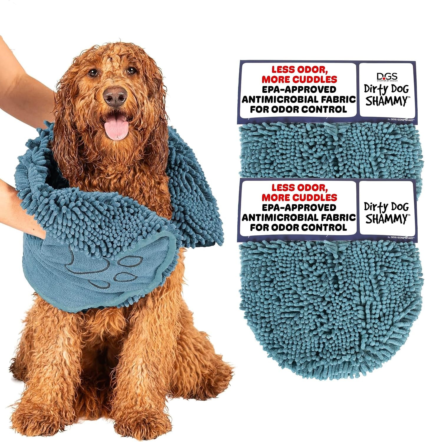 Dog Gone Smart the Dirty Dog Shammy - Antimicrobial Microfiber Dog Towel for Odor Control, Fast-Drying Plush, Dual Hand Pockets & Elastic, Super Absorbent, Machine Washable, 31 X 13 In, Grey