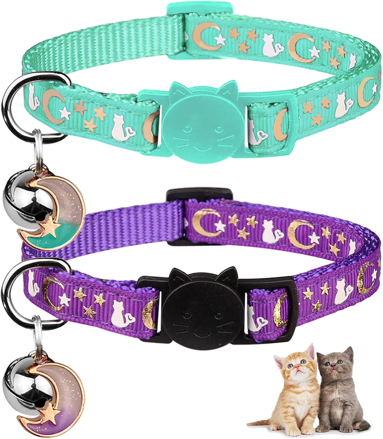 2PCS Breakaway Cat Collars with Bell Moons Stars Cute Kitty Adjustable Safe Kitten Collars with Pendant Glow in the Dark(Purple&Pink)
