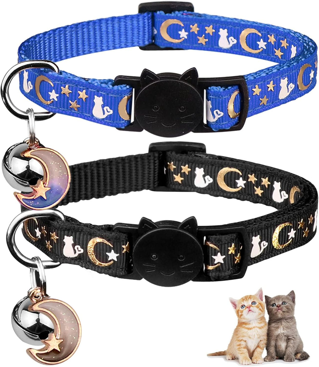 2PCS Breakaway Cat Collars with Bell Moons Stars Cute Kitty Adjustable Safe Kitten Collars with Pendant Glow in the Dark(Purple&Pink)