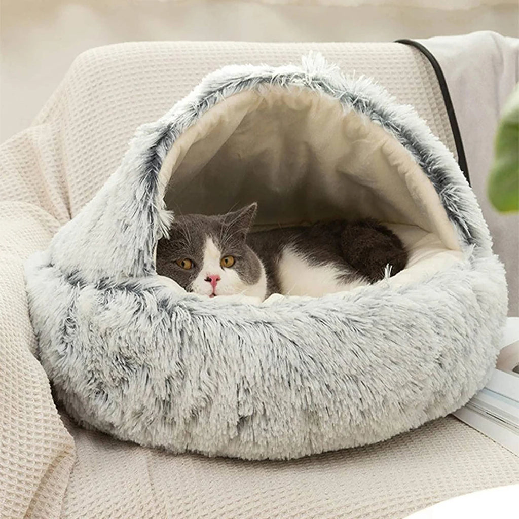 Cat Bed round Plush Fluffy Hooded Cat Bed Cave, Cozy for Indoor Cats or Small Dog Beds, Doughnut Calm Anti-Nxiety Dog Bed