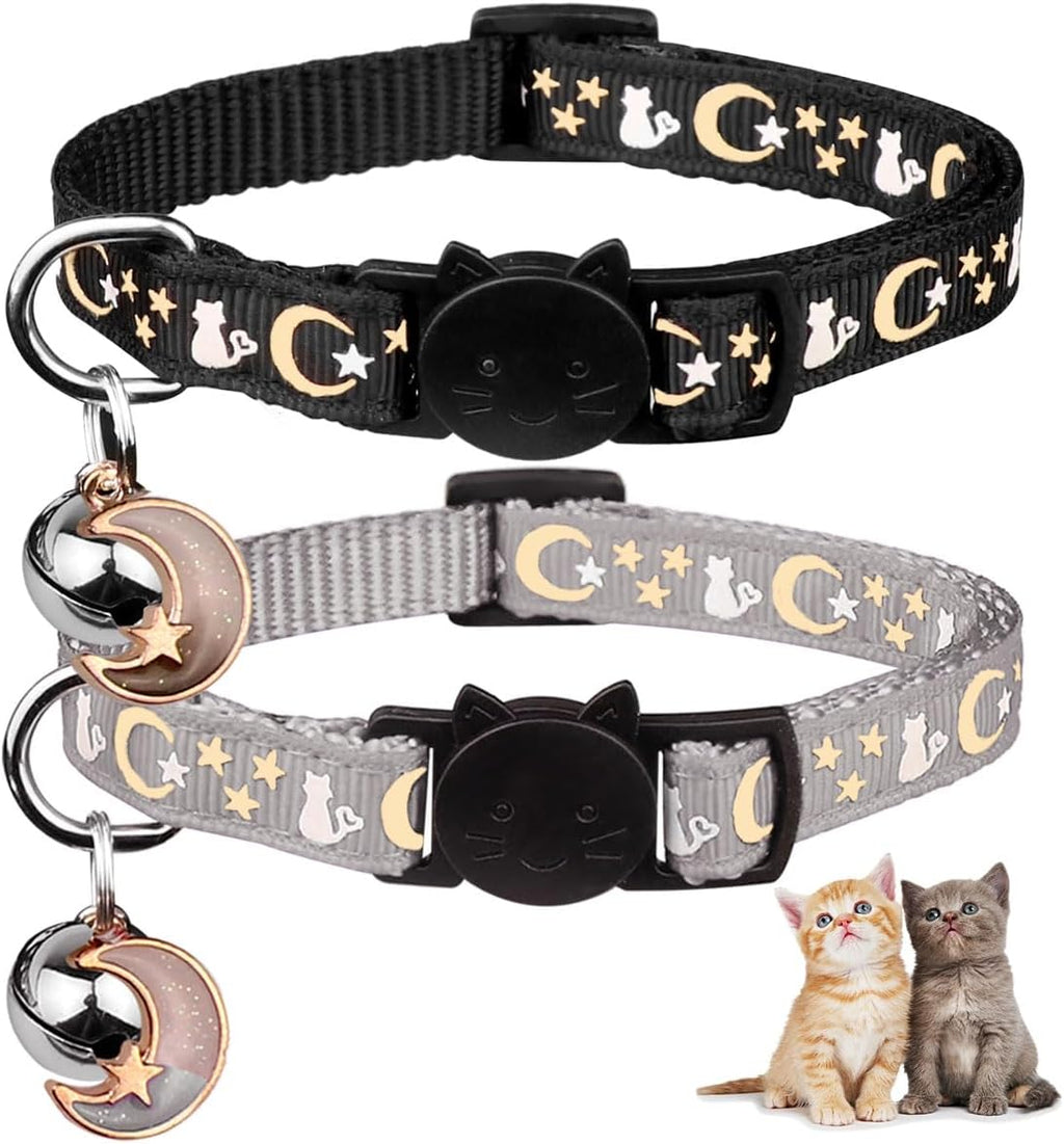 2PCS Breakaway Cat Collars with Bell Moons Stars Cute Kitty Adjustable Safe Kitten Collars with Pendant Glow in the Dark(Purple&Pink)