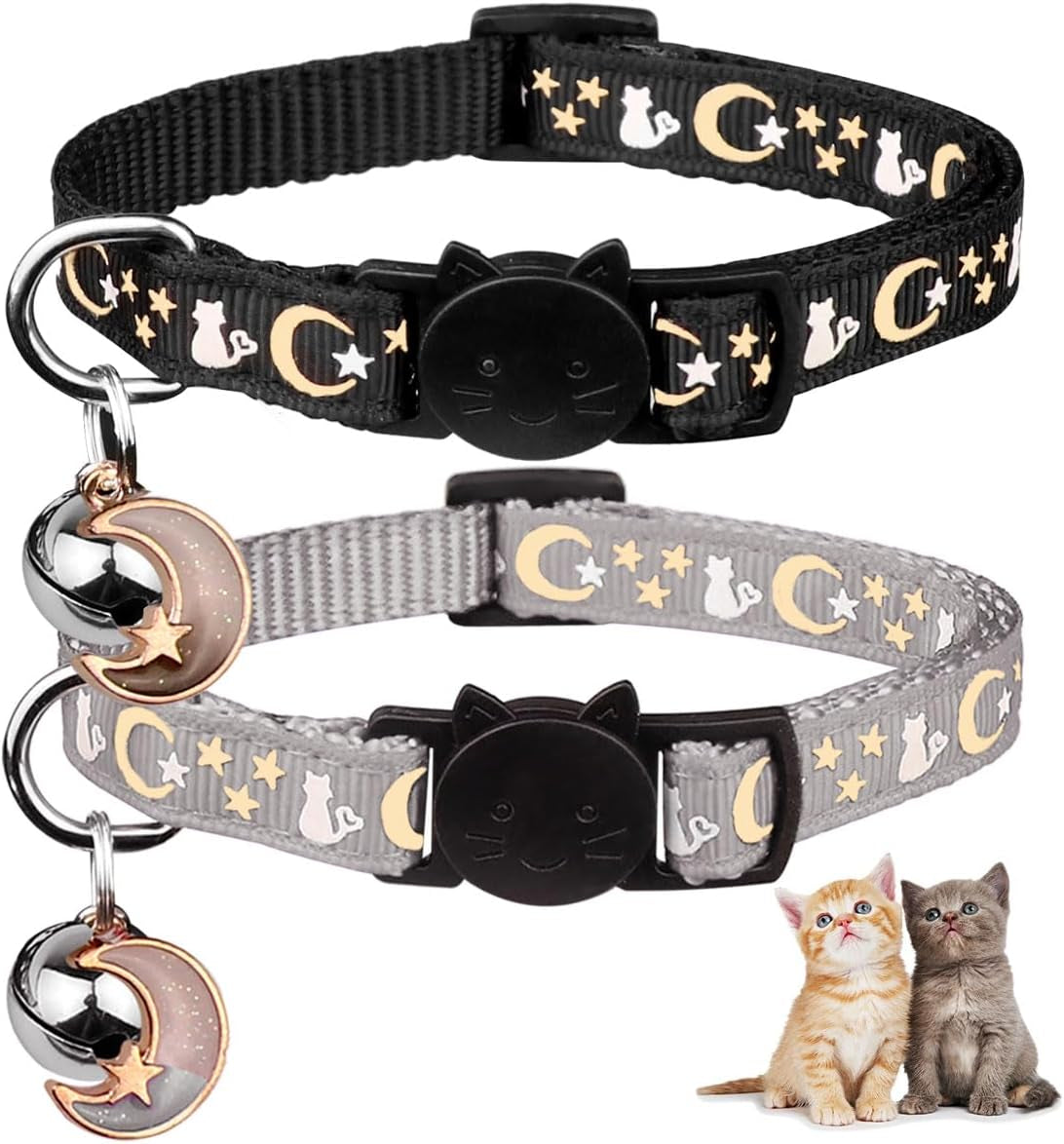 2PCS Breakaway Cat Collars with Bell Moons Stars Cute Kitty Adjustable Safe Kitten Collars with Pendant Glow in the Dark(Purple&Pink)