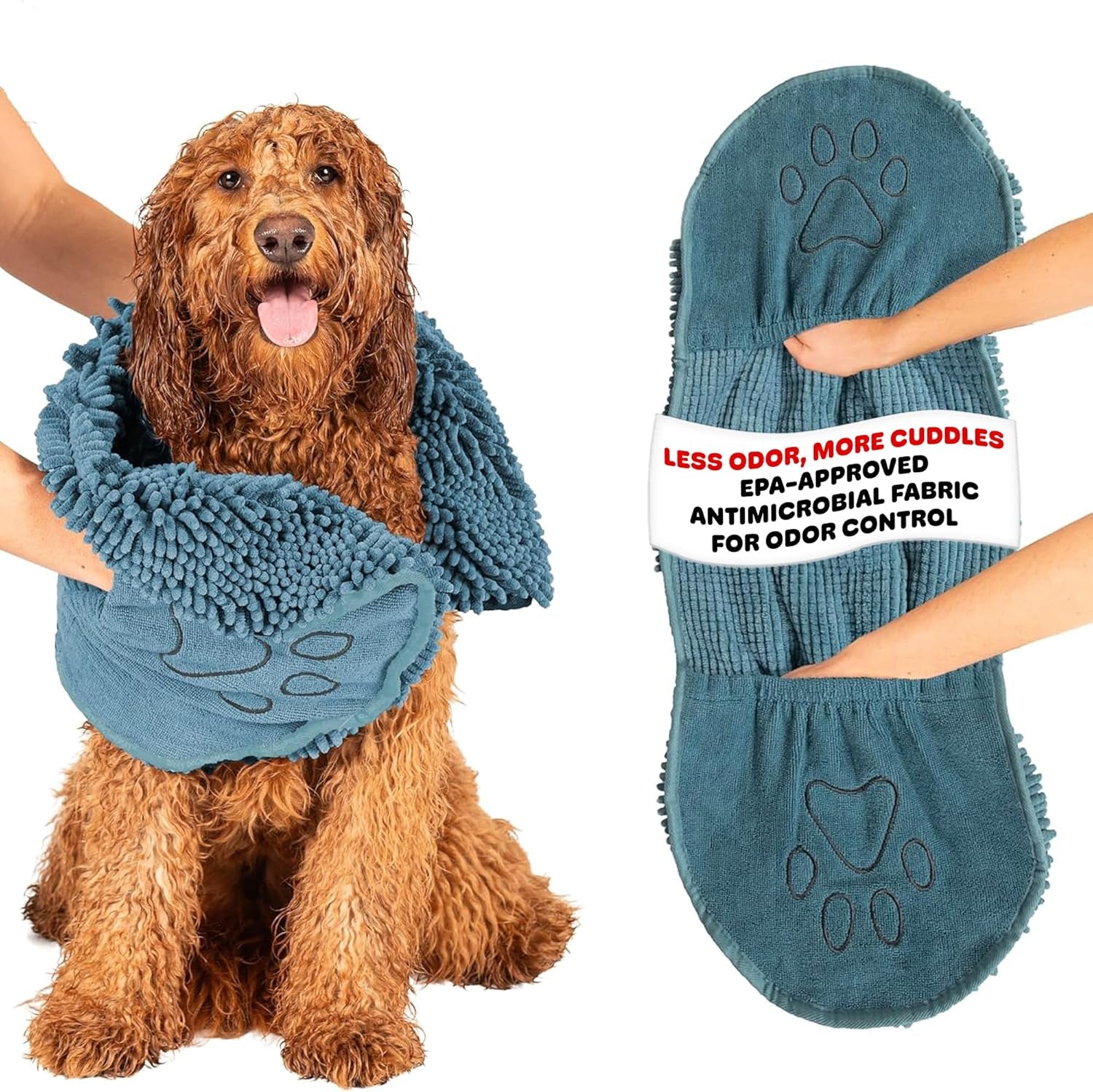 Dog Gone Smart the Dirty Dog Shammy - Antimicrobial Microfiber Dog Towel for Odor Control, Fast-Drying Plush, Dual Hand Pockets & Elastic, Super Absorbent, Machine Washable, 31 X 13 In, Grey