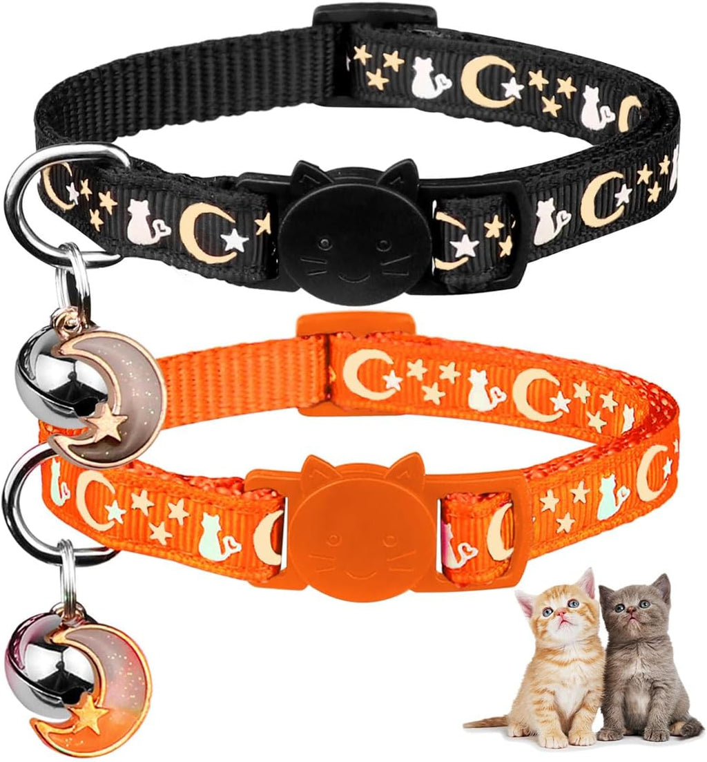 2PCS Breakaway Cat Collars with Bell Moons Stars Cute Kitty Adjustable Safe Kitten Collars with Pendant Glow in the Dark(Purple&Pink)