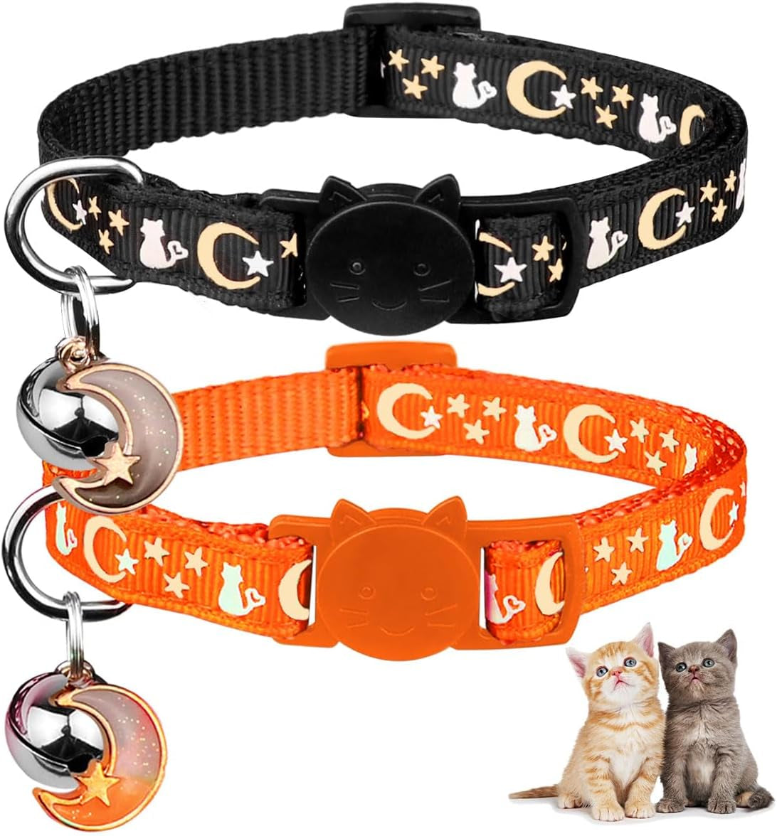 2PCS Breakaway Cat Collars with Bell Moons Stars Cute Kitty Adjustable Safe Kitten Collars with Pendant Glow in the Dark(Purple&Pink)