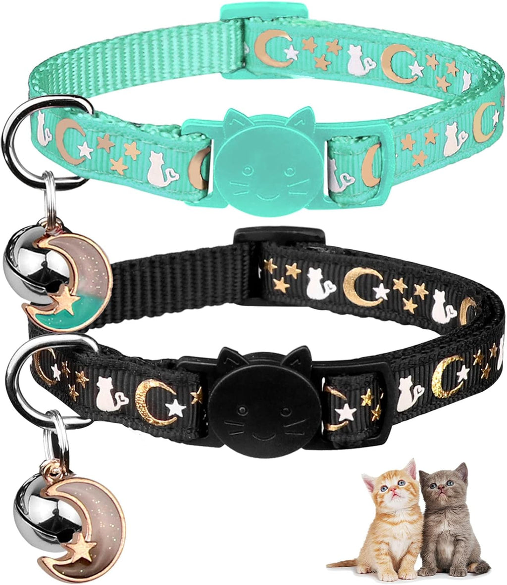 2PCS Breakaway Cat Collars with Bell Moons Stars Cute Kitty Adjustable Safe Kitten Collars with Pendant Glow in the Dark(Purple&Pink)