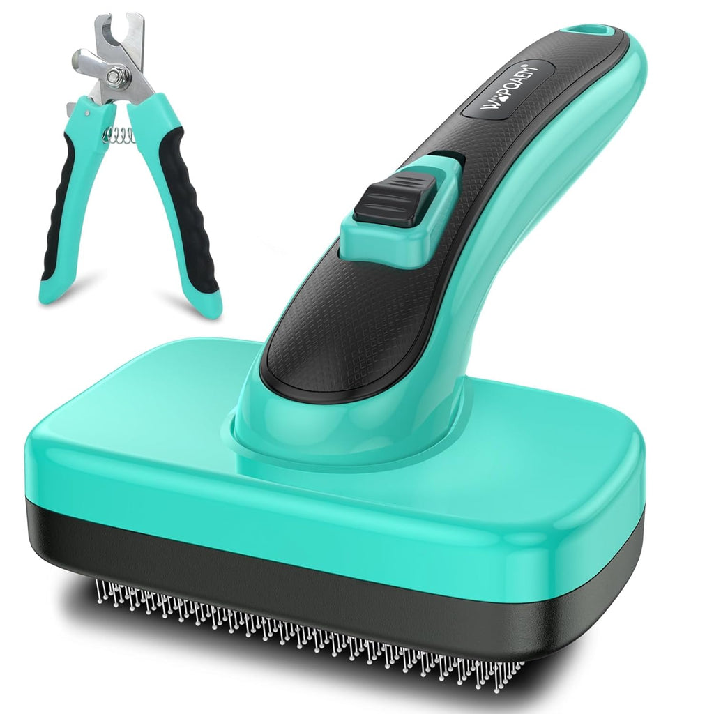 Self Cleaning Slicker Brush for Dog and Cat Deshedding, Green | Shedding Brush for Dogs & Cats, One-Click Retractable Bristles for Easy Cleaning Flying Hair at Home
