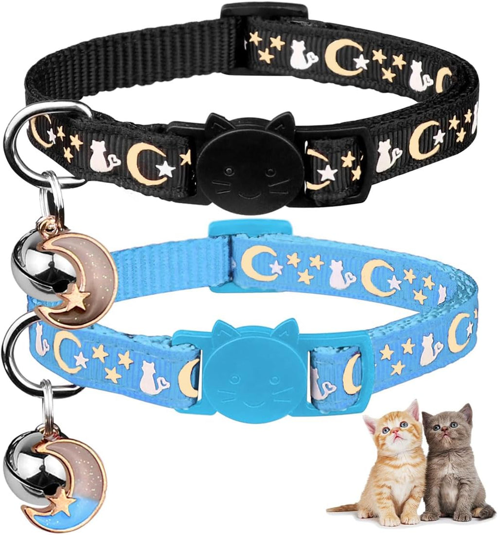 2PCS Breakaway Cat Collars with Bell Moons Stars Cute Kitty Adjustable Safe Kitten Collars with Pendant Glow in the Dark(Purple&Pink)