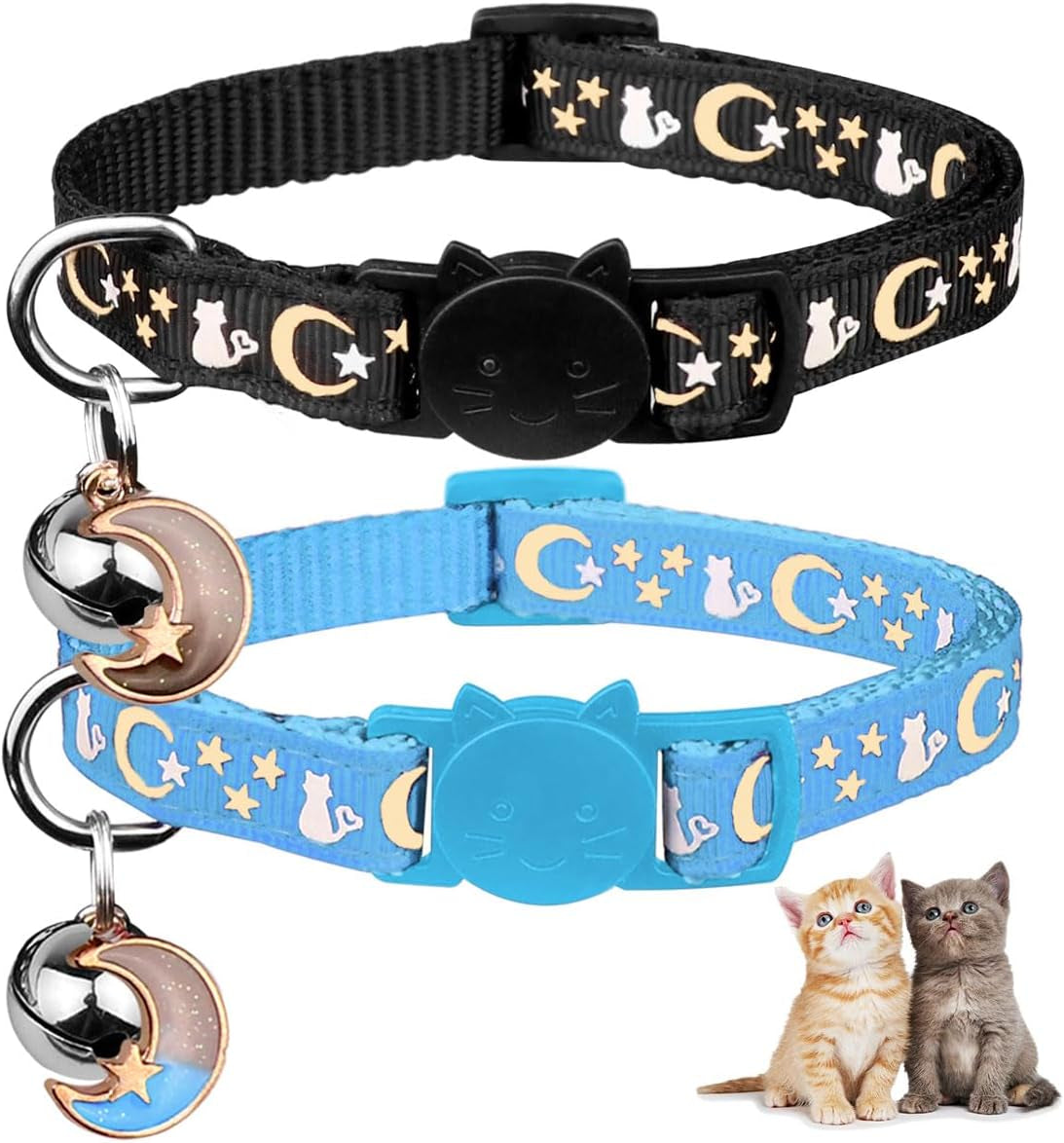 2PCS Breakaway Cat Collars with Bell Moons Stars Cute Kitty Adjustable Safe Kitten Collars with Pendant Glow in the Dark(Purple&Pink)