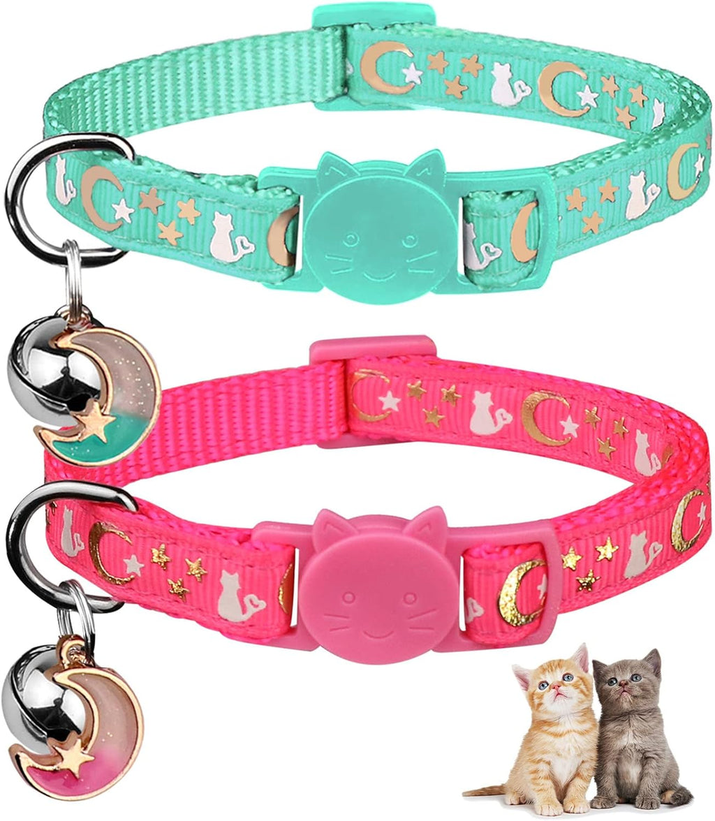 2PCS Breakaway Cat Collars with Bell Moons Stars Cute Kitty Adjustable Safe Kitten Collars with Pendant Glow in the Dark(Purple&Pink)