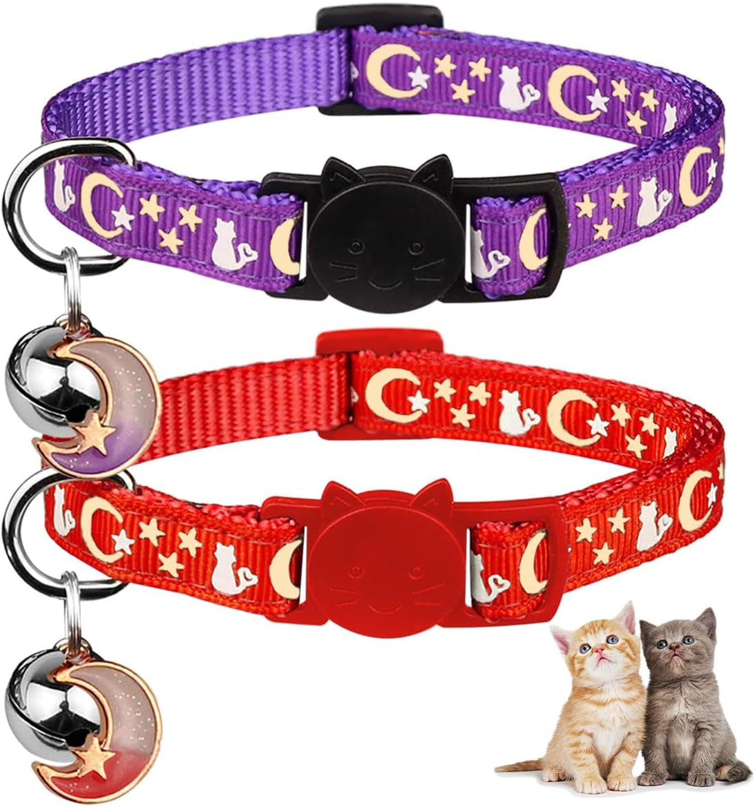 2PCS Breakaway Cat Collars with Bell Moons Stars Cute Kitty Adjustable Safe Kitten Collars with Pendant Glow in the Dark(Purple&Pink)