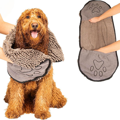 Dog Gone Smart the Dirty Dog Shammy - Antimicrobial Microfiber Dog Towel for Odor Control, Fast-Drying Plush, Dual Hand Pockets & Elastic, Super Absorbent, Machine Washable, 31 X 13 In, Grey