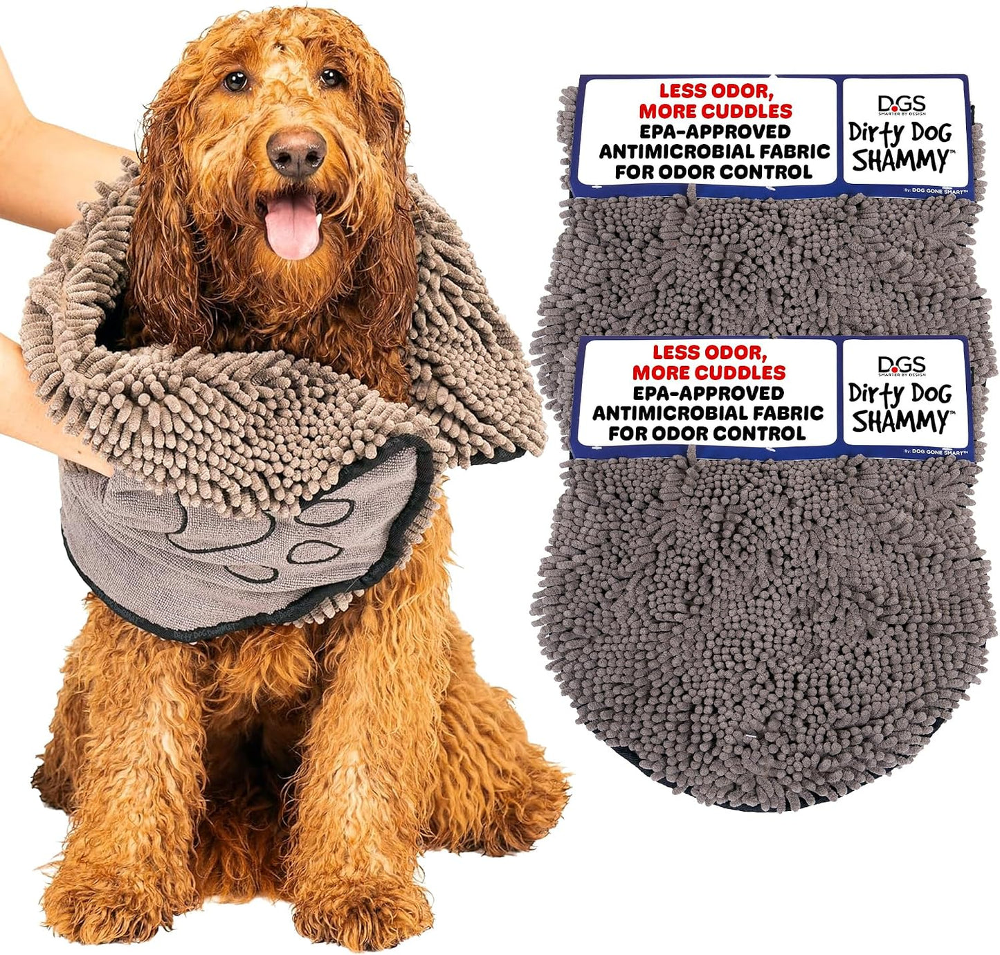 Dog Gone Smart the Dirty Dog Shammy - Antimicrobial Microfiber Dog Towel for Odor Control, Fast-Drying Plush, Dual Hand Pockets & Elastic, Super Absorbent, Machine Washable, 31 X 13 In, Grey