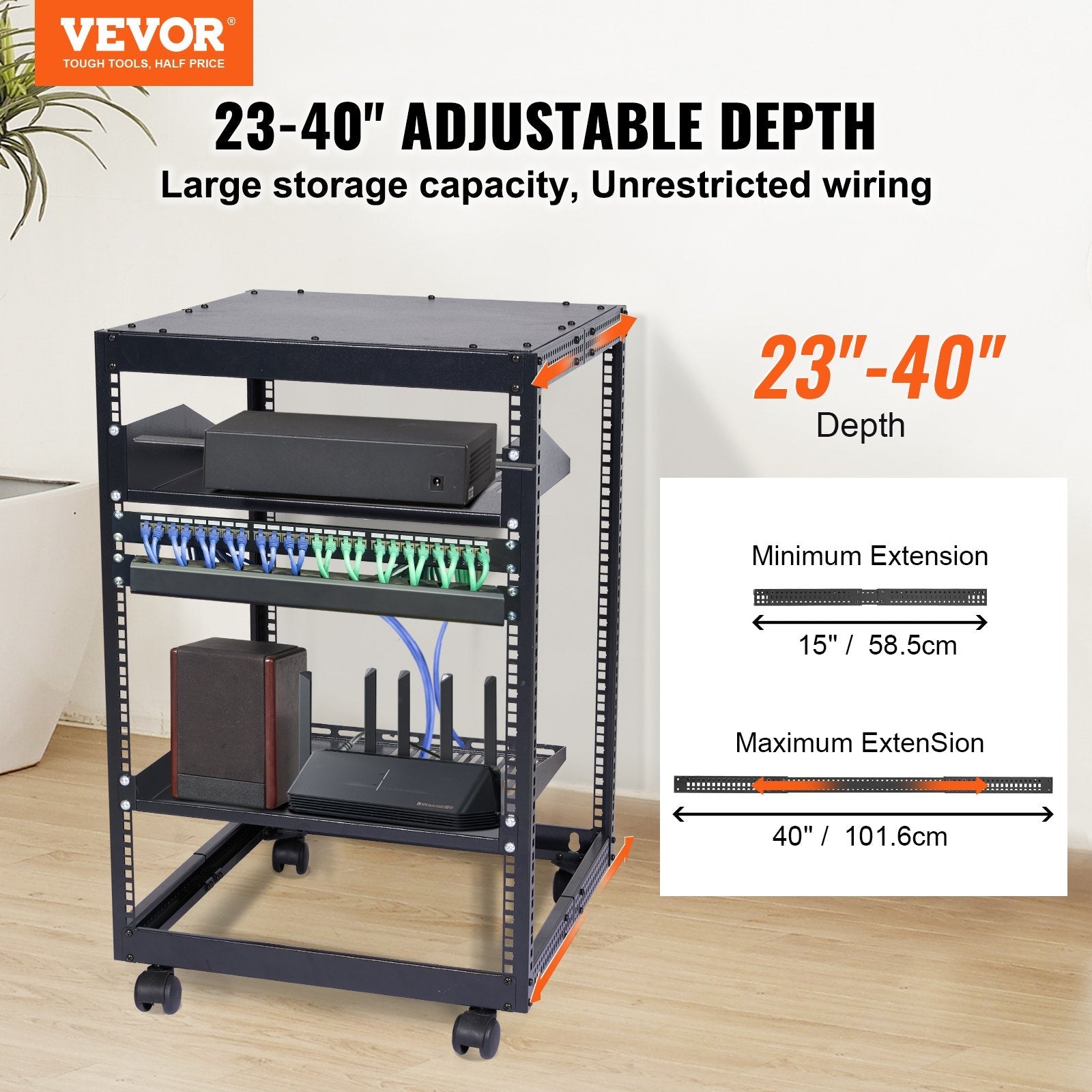 15U Open Frame Server Rack - Adjustable 23"–40" Depth, Wall Mount or Freestanding 4-Post Network Rack