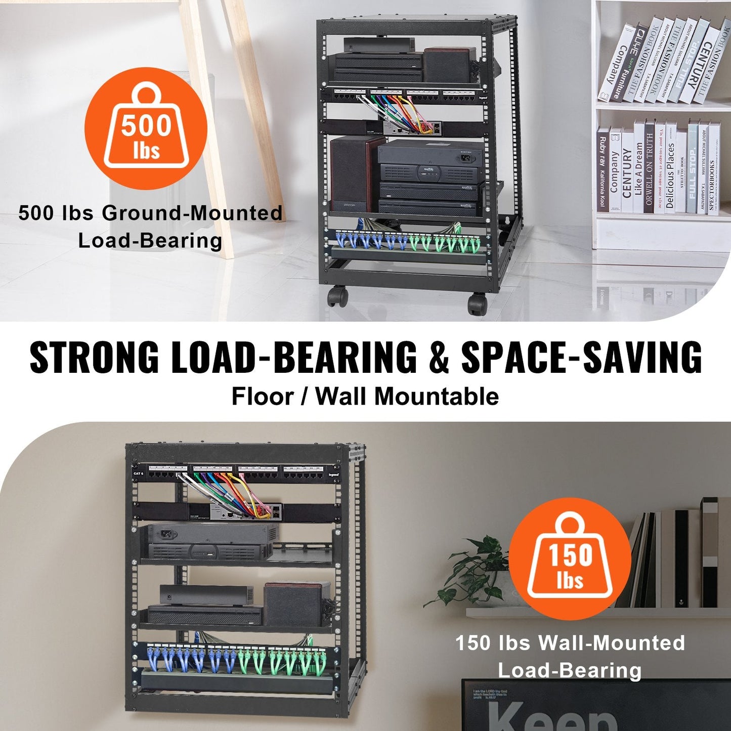 15U Open Frame Server Rack - Adjustable 23"–40" Depth, Wall Mount or Freestanding 4-Post Network Rack