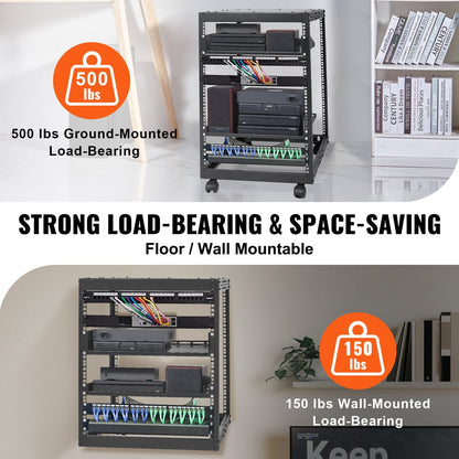15U Open Frame Server Rack - Adjustable 23"–40" Depth, Wall Mount or Freestanding 4-Post Network Rack