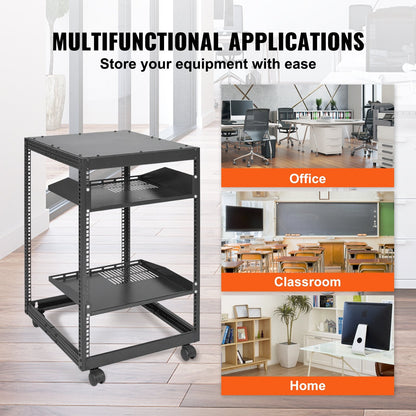 15U Open Frame Server Rack - Adjustable 23"–40" Depth, Wall Mount or Freestanding 4-Post Network Rack