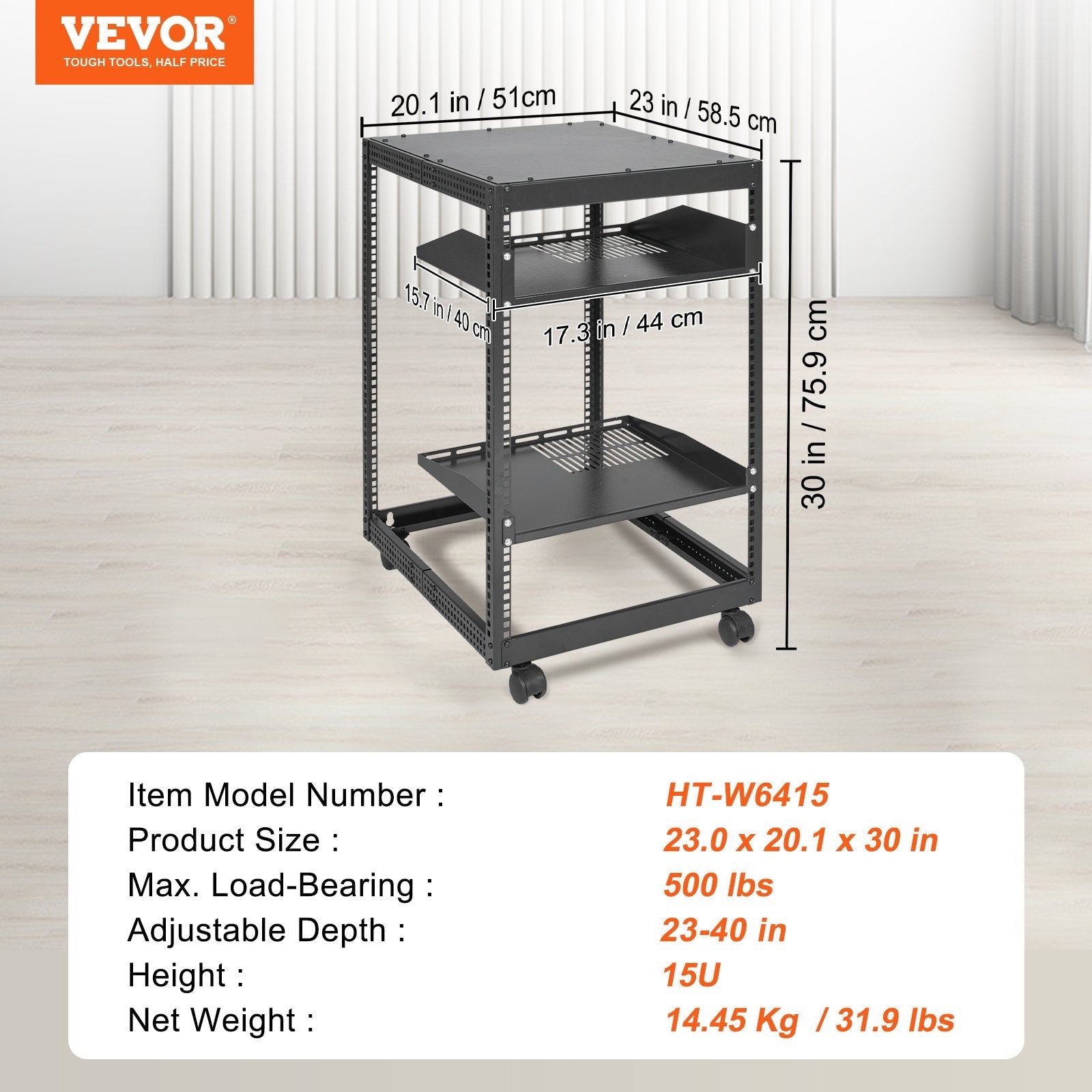 15U Open Frame Server Rack - Adjustable 23"–40" Depth, Wall Mount or Freestanding 4-Post Network Rack